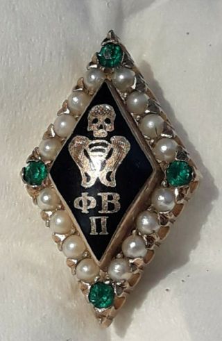 10k Yellow Gold Emeralds & Pearls Phi Beta Pi Sorority Pin Dated 1952 Skull