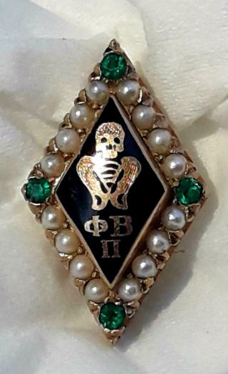 10K Yellow Gold Emeralds & Pearls Phi Beta Pi Sorority Pin Dated 1952 Skull 2