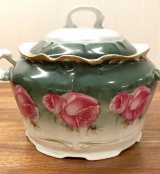 Antique Nippon Era Porcelain Hand Painted Multi Pink Roses Biscuit Jar