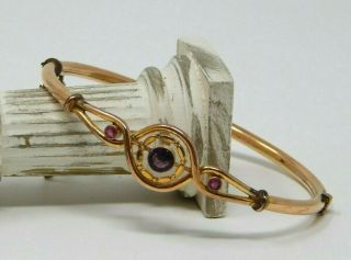 Antique Victorian Rose Gold Filled Hinged Tube Bangle Bracelet Purple Pink Glass
