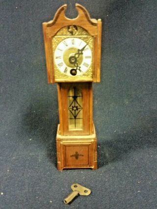 Dollhouse Miniatures Vintage Wood Grandfather Clock With Pendulum W/ Key