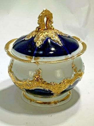 Antique Meissen Covered Sugar Bowl Blue Cobalt & Gold Gilt 19th Century