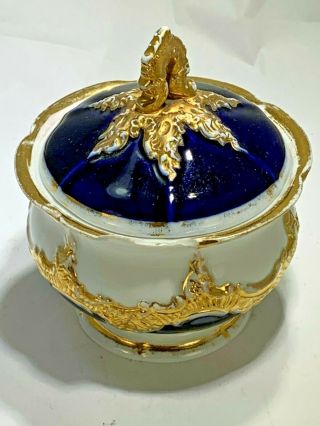 ANTIQUE MEISSEN COVERED SUGAR BOWL BLUE COBALT & GOLD GILT 19TH CENTURY 2