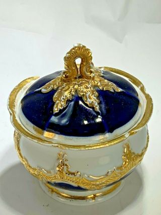 ANTIQUE MEISSEN COVERED SUGAR BOWL BLUE COBALT & GOLD GILT 19TH CENTURY 4