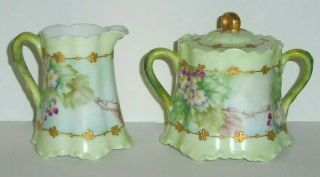 Antique Limoges Haviland Porcelain Green Sugar Bowl & Creamer Schleiger Gold Ex