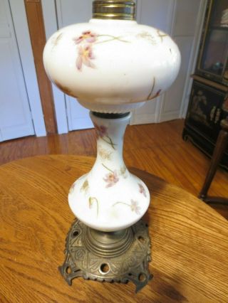 Antique Whale Oil Lamp Base/ Milk Glass/13 " Tall/hand Painted Wild Flowers