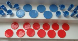 42 Pc Vtg Deluxe Reading Dream Kitchen Red Green Blue Plates Coffee Cups Tumbler 2
