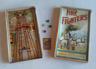 Antique Fire Fighters Firemans Board Game 3 Horse Steam Pumper Milton Bradley