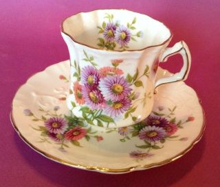 Hammersley Embossed Teacup And Saucer - Marguerite Daisies - Purple - England