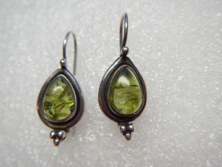 Vintage Sterling Silver Green Baltic Amber Pear Tear Dropo Gemstone Earrings