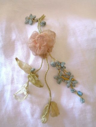 Darling Victorian French Silk Ribbonwork Pink Rose Forget Me Nots & Vines