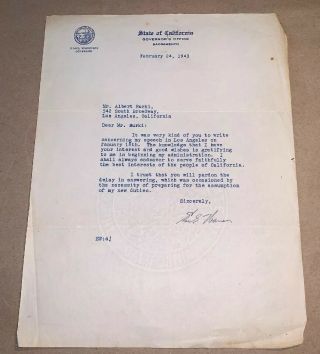 Earl Warren Governor Of California Signed Typed Letter 02/24/1943
