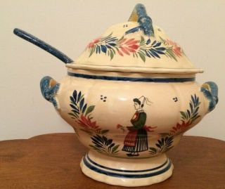 Quimper Soup Tureen With Ladle,  Cream Colored,  Breton Woman Image,  Holds 3 Qts.