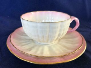 Antique Belleek Porcelain Pink Cup,  Saucer & Plate 1 2nd Black Mark.  C1890.