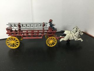 Cast Iron Horse Drawn Fire Ladder Wagon - 15” Long - Vintage Antique Red Yellow