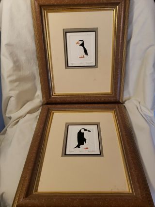 Two Signed (1 Artist Proof) Nora Fischer Matted Prints Puffin And Emperor