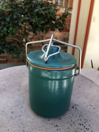 Vintage Green Stoneware Crock With Wire Bail And Lid