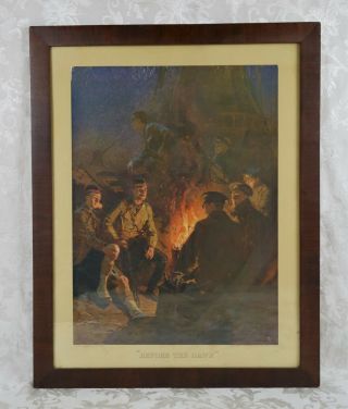 Very Rare Antique Lithograph Print Ww1 Soldiers Around Camp Fire Fred Roe