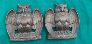 Black Forest Carved Wooden Owls With Glass Eyes From Bookends