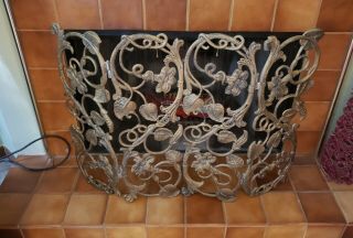 Antique Gold Iron Leaf Fireplace Screen W/mesh,  36 " Wide 4 Panel Hinged