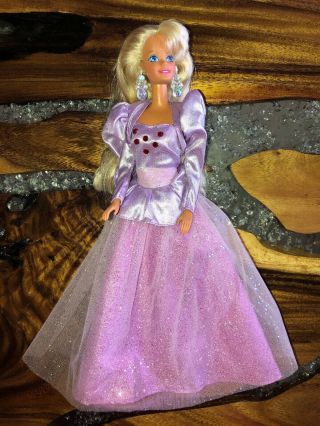 Vintage 1966 Matttel Barbie Doll Purple Dress Gown Heels And Silver Earrings