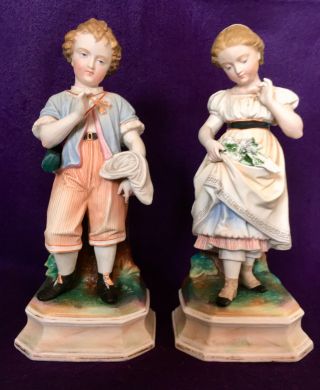 Antique German Porcelain Boy & Girl Figurine Bookends Figural Children 19th C.