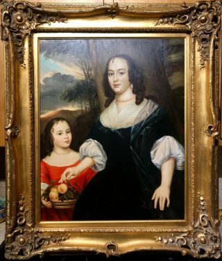 Large Antique Victorian Style Oil On Canvas Painting Mother And Daughter Ornate