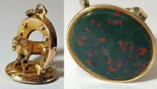 Antique Bloodstone Seal Pocket Watch Fob Pendant Charm - Horse And Horseshoe