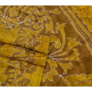 Sanskriti Vintage Saffron Saree Pure Silk Batik Work Craft 5 Yd Soft Fabric Sari