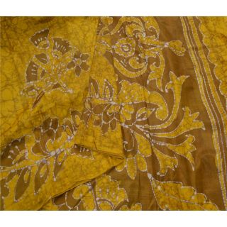 Sanskriti Vintage Saffron Saree Pure Silk Batik Work Craft 5 Yd Soft Fabric Sari 2