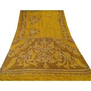 Sanskriti Vintage Saffron Saree Pure Silk Batik Work Craft 5 Yd Soft Fabric Sari 4