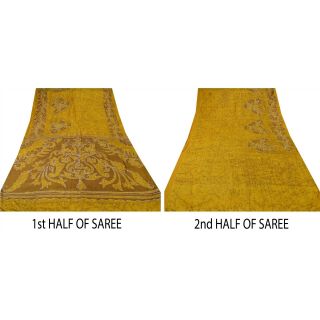 Sanskriti Vintage Saffron Saree Pure Silk Batik Work Craft 5 Yd Soft Fabric Sari 7