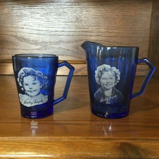 Antique Shirley Temple Cobalt Blue Pitcher And Cup Set