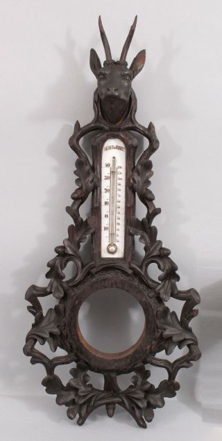 Antique Carved Walnut Wood German Black Forest Deer Head Thermometer Barometer
