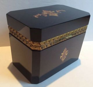 Antique French Black Opaline Glass Casket Dresser Box Ormolu Fleur De Lis Lys