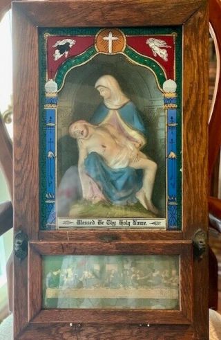 Antique Catholic Wood/painted Glass Sick Call Box Chalkware Pietà Last Rites