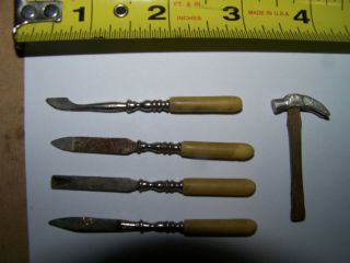 Antique Miniature Chisels & Rasp File 4 Wood Carving Tools Germany,  Hammer Old