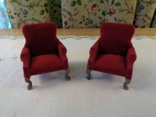Awesome Vintage Dollhouse Furniture - Red Velvet Easy Chairs - Made Of Wood