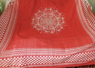 Antique Turkey Red Damask Floral Medallion Fabric Table Bed Cover