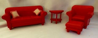 Wooden Doll House Living Room Set Carved Couch Chair Ottoman W/ Scalloped Table