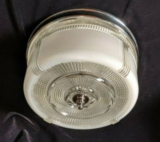 Art Deco / Mcm Frosted/clear Glass Shade Flush Mount Ceiling Light Fixture