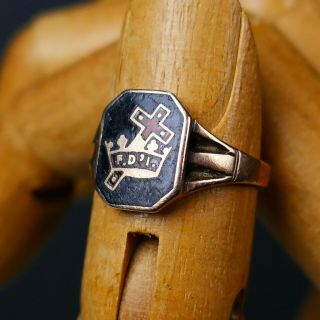 10k Gold Ring Antique Masonic Knights Templar " Fdi " Christianity Cross Crown