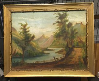Antique American Hudson River Folk Art Landscape W People Oil Painting