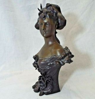 Old Antique Bronze Finish Lady Woman Bust Statue Sculpture Spelter Figurine