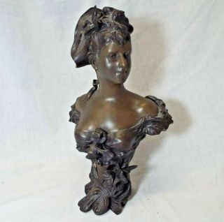 Old Antique BRONZE FINISH LADY WOMAN BUST STATUE SCULPTURE Spelter FIGURINE 2