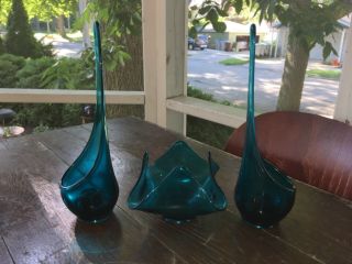 Vintage Mid - Century Blue Art Glass Centerpiece Vase & Candle Holders