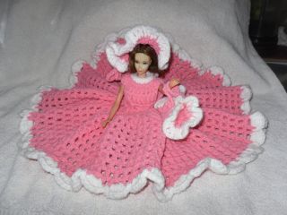 Pink & White Barbie Handmade Crocheted Dress With Hat & Purse