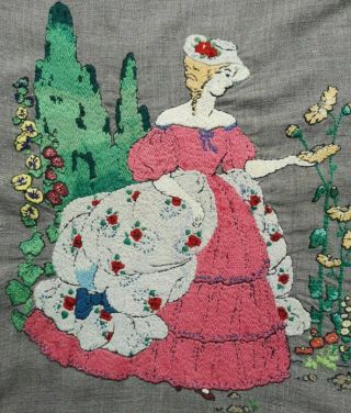 Vintage Embroidered Large Crinoline Lady Floral Hollyhocks Garden Panel ?30s