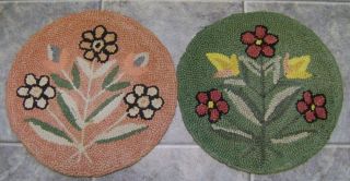 Vintage Antique Pair 2 Hand Hooked Chair Pads Floral Tree Of Life Motif 15 " Diam