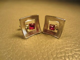 Vintage Shadow Box Ruby Red Glass White Gold Plated Cuff Links